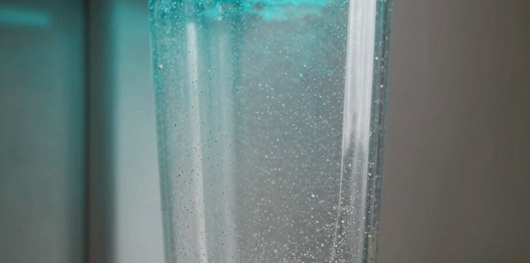 Close-up photography of a transparent laundry filter containing tiny particles, attached to a sleek metallic appliance, dramatic neon cyan lighting from the side.
