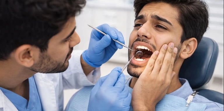 Dentist examining a patient to identify cause of toothache