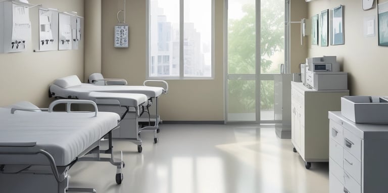 A hospital room with blue walls and a reflective floor. An empty hospital bed is positioned against the wall, surrounded by medical equipment and monitors. The lighting is bright, creating a clean and sterile environment.