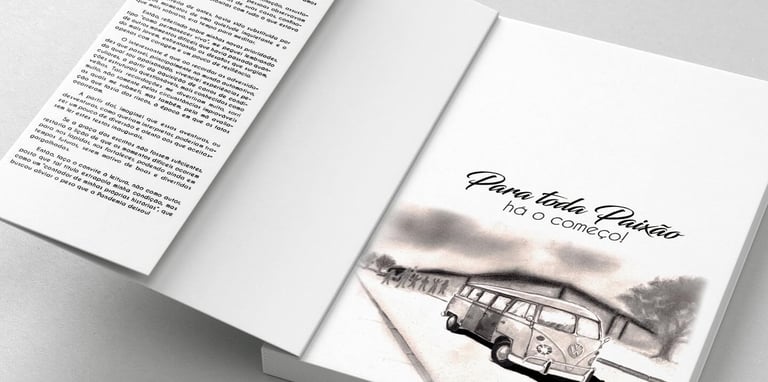 primeira página de um livro com uma ilustração de uma kombi