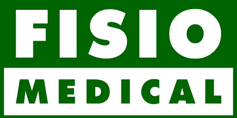 Logomarca da empresa Fisiomedical, com predominância das cores branco e verde.