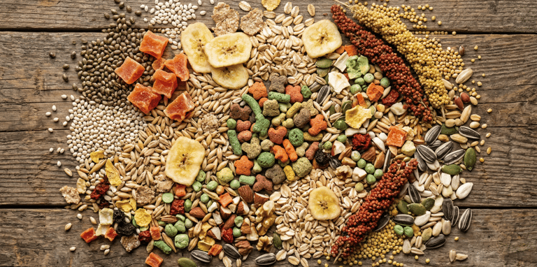 A variety of healthy small animal pet food including seeds, dried fruit, nuts, and grain on a wood background.