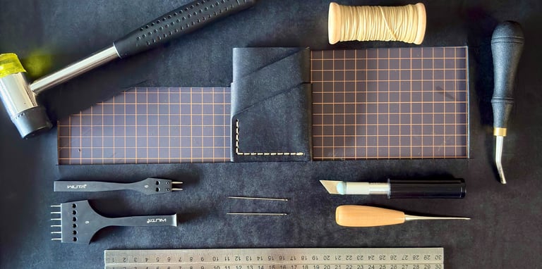 Leather Crafting tools. Tools used to make Wrap Leather Wallet