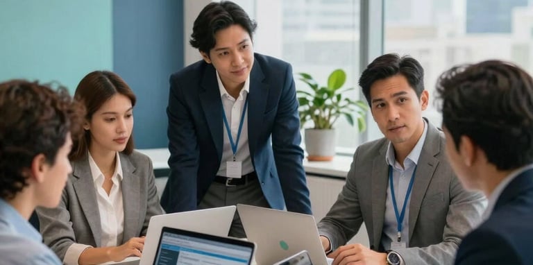 A group of professional marketing strategists in a modern Latin American office environment, having a collaborative meeting. The scene is bright and professional with accents of steel blue and soft teal in the decor, focusing on digital innovation and growth.
