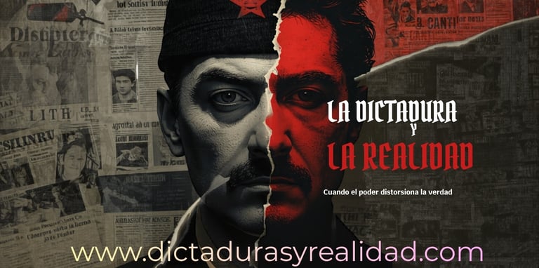 Split portrait of a dictator and commoner titled La Dictadura y La Realidad against a vintage newspaper backdrop.