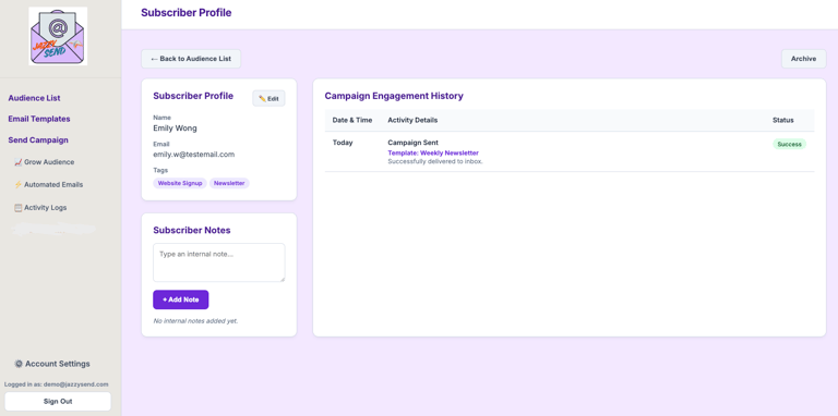 JazzySend subscriber management and audience list dashboard