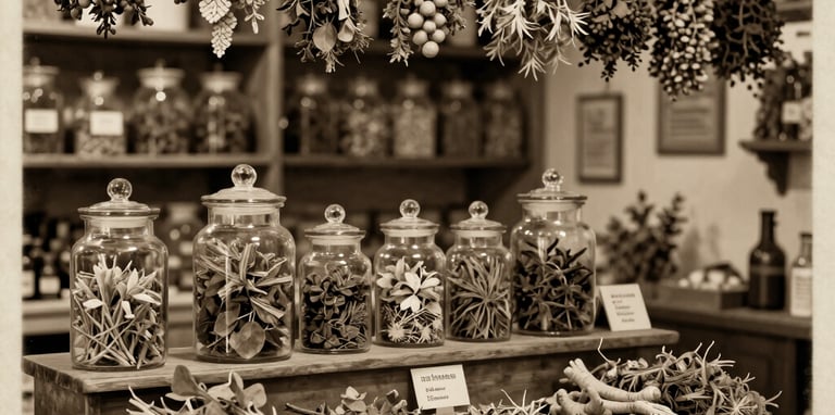 A rustic wooden shelf filled with glass bottles of essential oils and dried herbs, bathed in soft natural light.