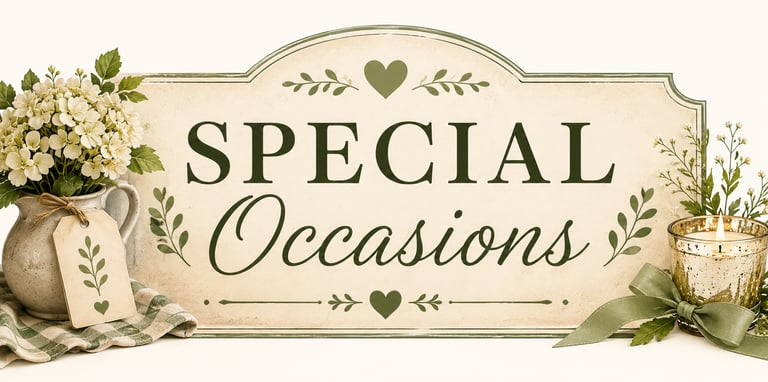 Rustic Special Occasions sign with white hydrangea flowers and a lit candle for event planning.