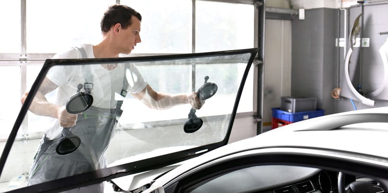 worker lifts windshield onto car frame