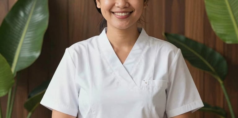 Portrait of a friendly Southeast Asian / Indonesian massage therapist in professional, clean spa attire, smiling warmly. Set against an elegant background of dark wood panels and fresh green leaves, bright and welcoming natural lighting.