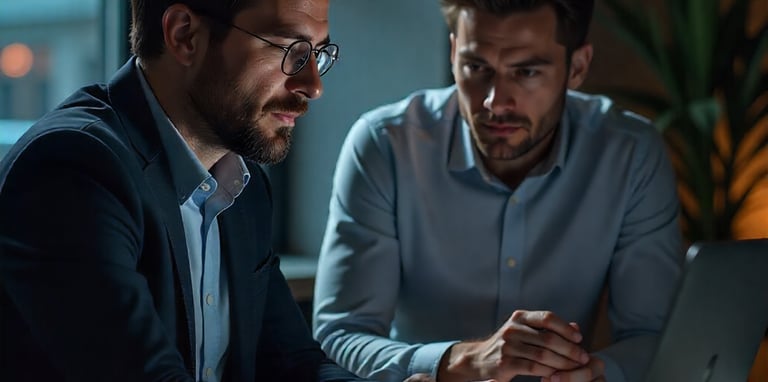 two men sitting at a table with laptops