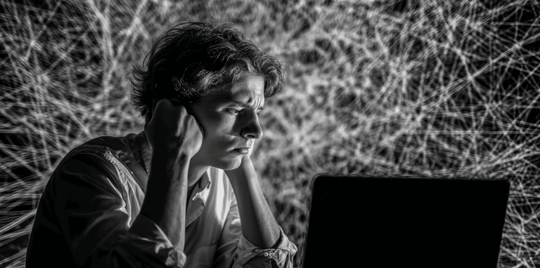 a man sitting at a laptop computer with a laptop on his lap