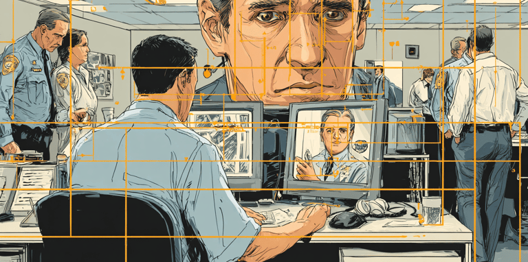 a man in a suit and tie is looking at a television screen