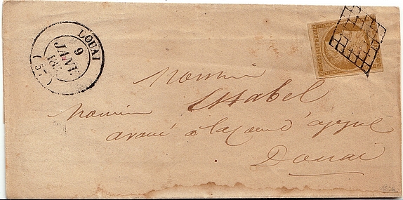1850: Brief von DOUAI nach DOUAI, frankiert mit einer 10-Centimes-Briefmarke.