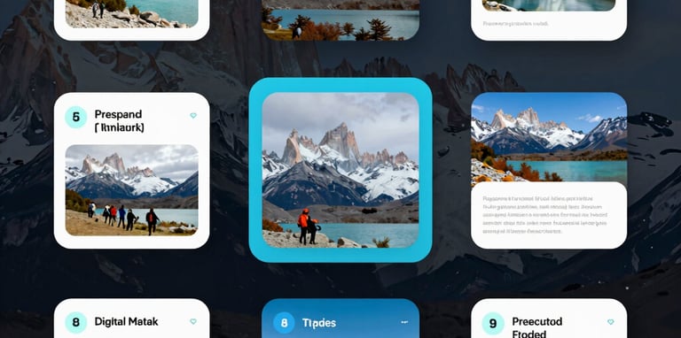 A modern hotel lobby with panoramic views of Patagonian mountains and a sleek digital booking interface.