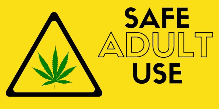 Safe adult use cannabis warning sign with a marijuana leaf icon on a yellow background.