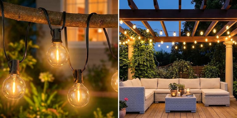 Warm outdoor string lights hanging on a patio pergola and tree branch over a modern garden lounge.