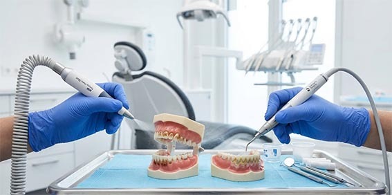 Nettoyage du tartre dentaire avec un détartreur à ultrason ou un aéropolisseur chez le dentiste
