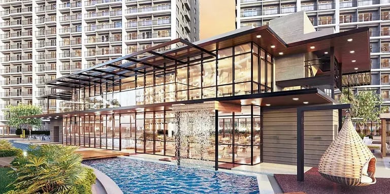 a large swimming pool with a wooden deck and a wooden deck