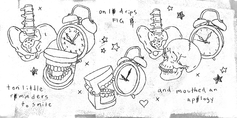 Rough painting of clocks teeth the pelvis and stars