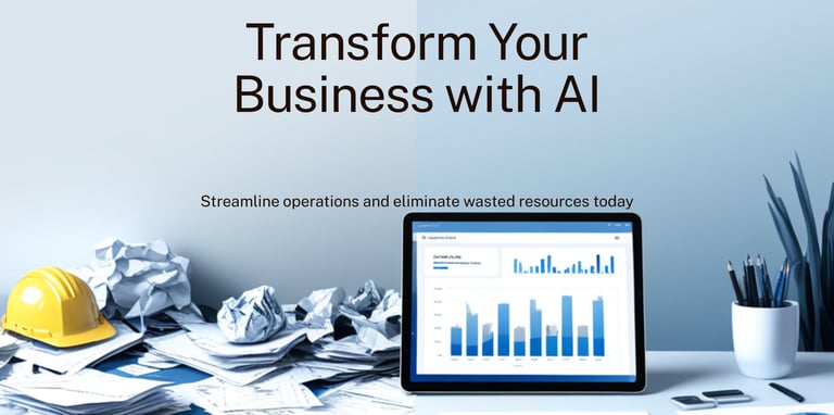 A split image showing a messy workspace versus an organized digital dashboard for AI business transformation.
