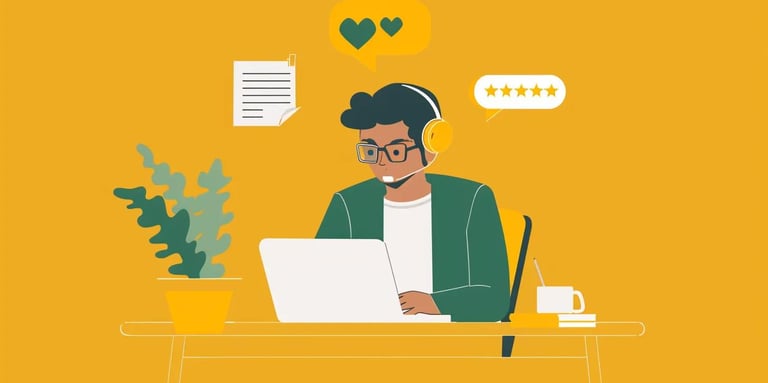 Business owner responding to customer reviews on a laptop in a cozy office setting.