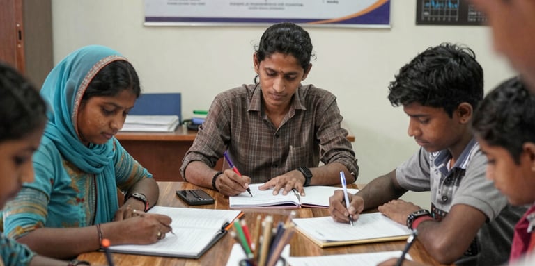 Children attentively learning in a vibrant classroom setting in rural India.