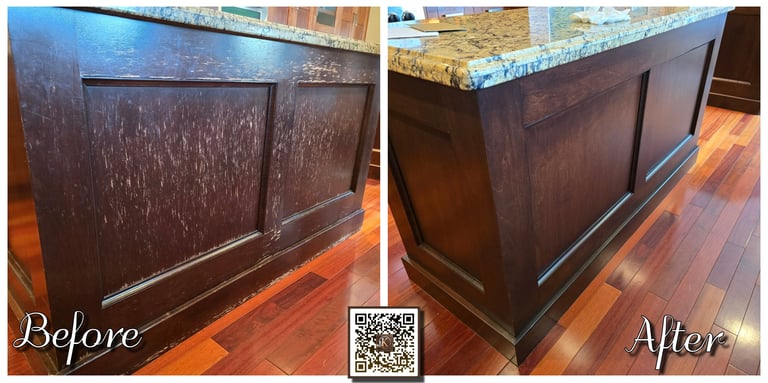 Before and after professional kitchen island cabinet refinishing and wood stain restoration.