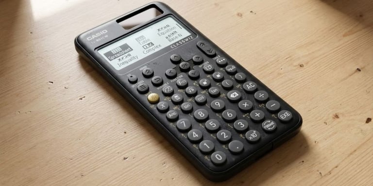 Casio fx-991cw ClassWiz high resolution scientific calculator showing QR code feature and spreadshee