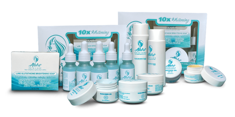 Allors skincare products including soaps, serums, and creams for brightening and skin care.