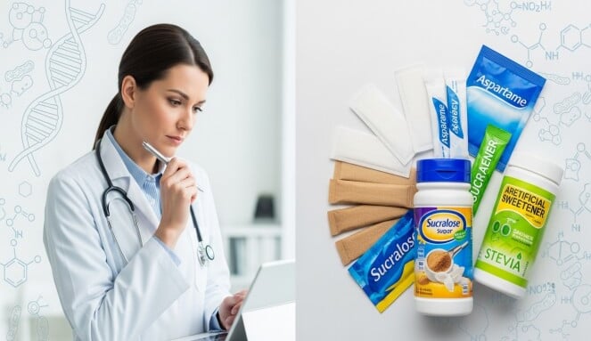 डॉक्टर या न्यूट्रिशन विशेषज्ञ द्वारा स्वीटनर पर राय दर्शाती छवि, जिसमें शुगर और आर्टिफिशियल स्वीटनर 