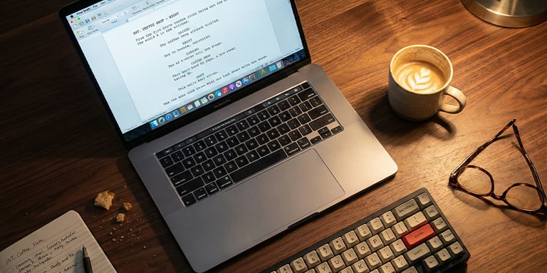 a laptop computer sitting on a desk with a keyboard and a cup of coffee