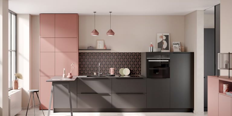modern kitchen design with pink and black interiors