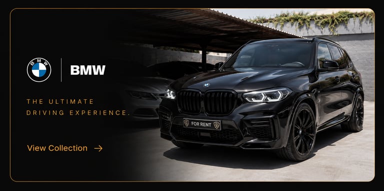 A sleek black luxury BMW SUV parked in a car rental lot with 'The Ultimate Driving Experience' text.