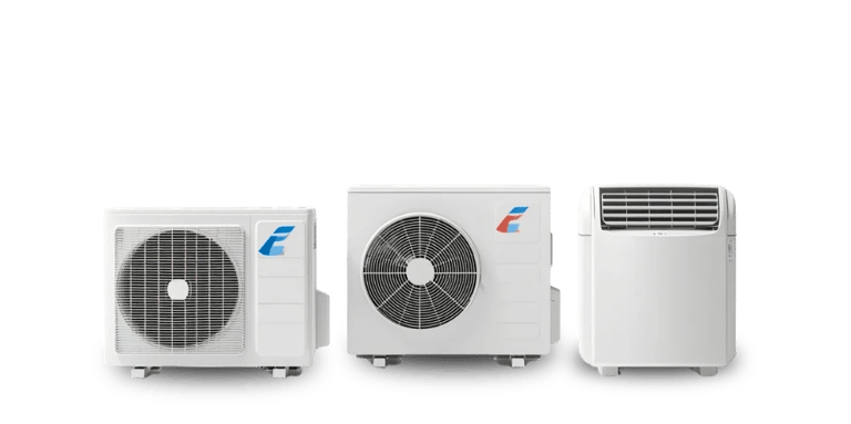 a group of three air conditioners with a white and blue air conditioner