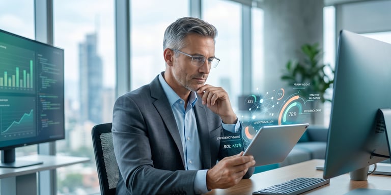 imagen donde muestra a un profesional analizando datos en una tablet con gráficos interactivos.