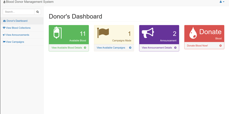 Blood Donor Management System - Donor Dashboard Page