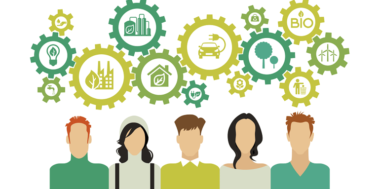 a group of people standing in front of a group of gear mesh with sustainable signs in it