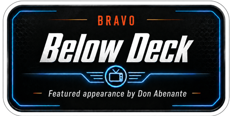 Bravo Below Deck title card featuring a special appearance by Don Abenante in a neon frame.