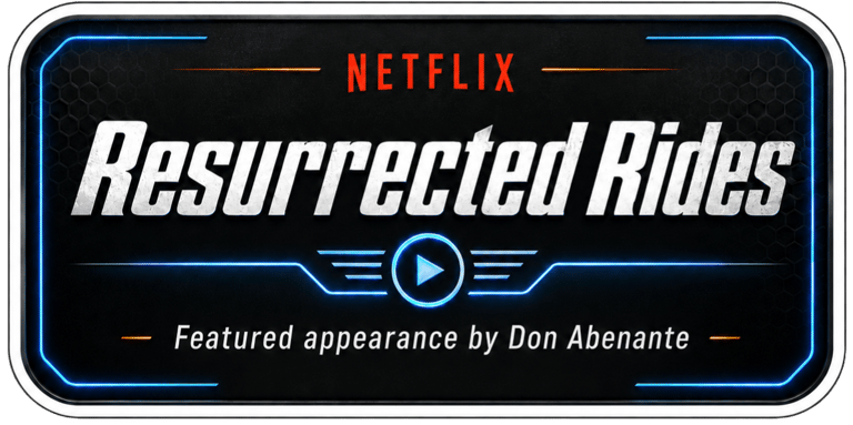 Netflix Resurrected Rides show logo with a featured appearance by Don Abenante on a neon blue background.