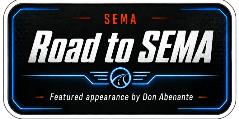 Official Road to SEMA graphic featuring Don Abenante with neon blue lighting and automotive logo.