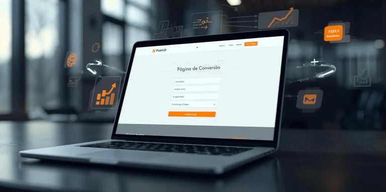Laptop exibindo uma página de conversão de leads com ícones de análise de dados.