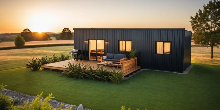 Dark cladding on transportable home, exterior view