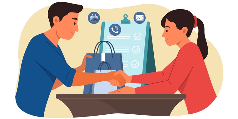 Ilustrasi pria dan wanita berjabat tangan setelah transaksi berhasil, melambangkan loyalitas pelanggan dan kepercayaan bisnis