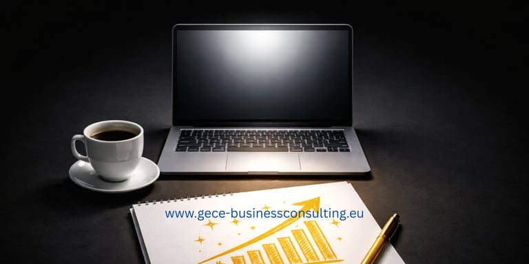 gece business consulting servicios digitales integrales. Gray laptop, black background, coffee cup
