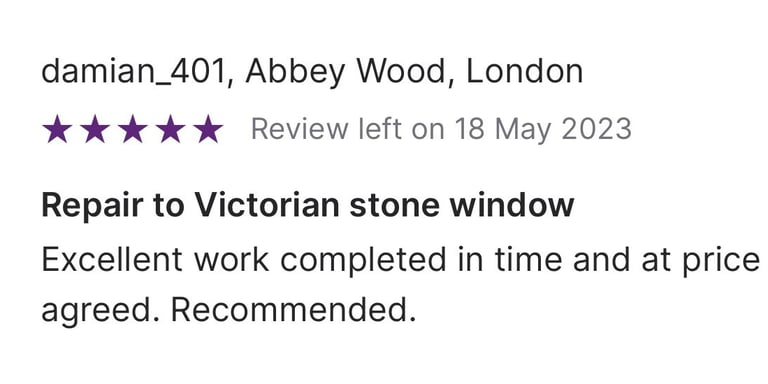 Five-star customer review for a Victorian stone window repair in Abbey Wood, London.