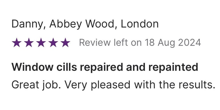 Five-star customer review for window cill repair and painting services in Abbey Wood, London.