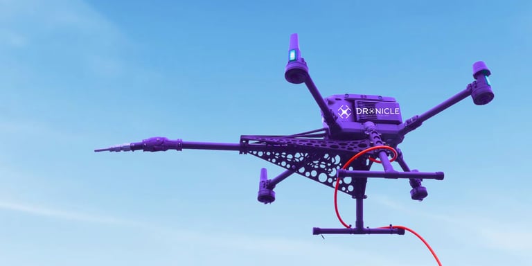Dronicle drone flying with his nozzle