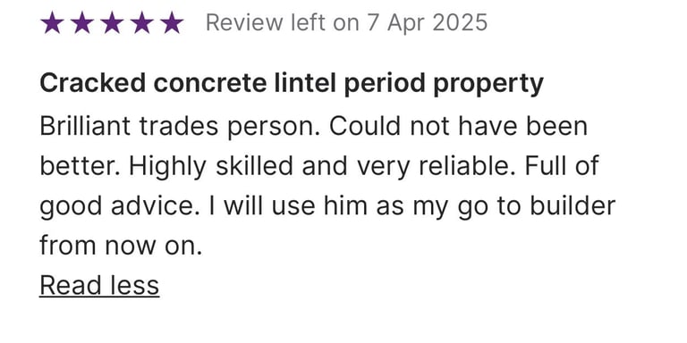 Five-star customer review for a builder repairing a cracked concrete lintel in a period property.