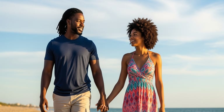 man woman walking beach